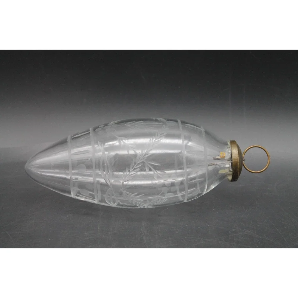 Vintage Etched Clear Glass Christmas Teardrop Ornament Brass Cap 7.5 Inch
